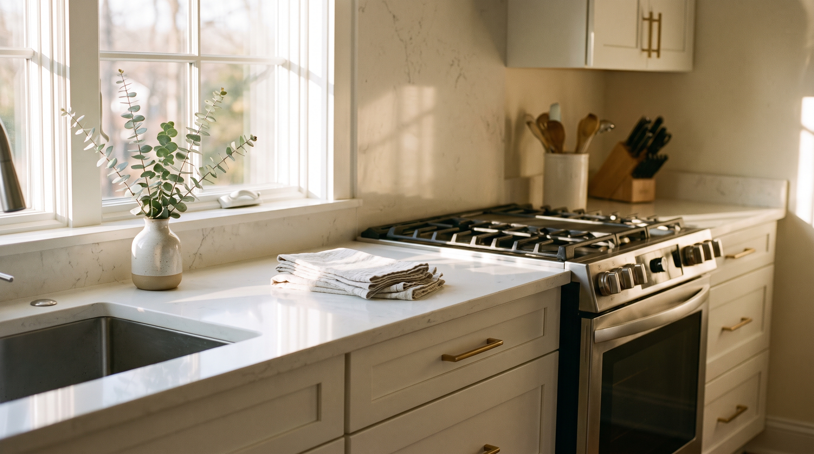 Cleaning supplies and a freshly wiped counter in a Calgary home